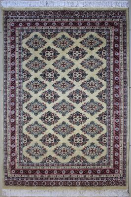 4'1"x6'3" Stylish Diamond Bokhara Jaldar Rug in Delightful White, Grey & Red, New 4x6 Wool, Silk Artwork, Hand-Knotted Rug, qk09025