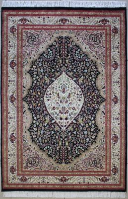 4'6"x7'1" Fantastic Floral Pak Persian Rug in Exotic Black, Beige & White, New 4.5x7 Wool Double Knot Execution, Hand-Knotted Kashan / Isfahan Rug, qk09014