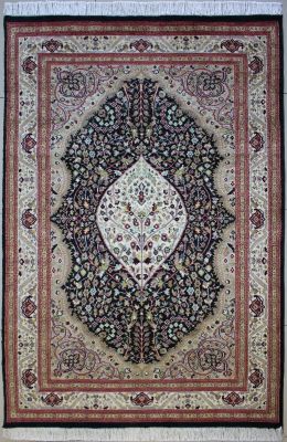 4'7"x7' Captivating Floral Pak Persian Rug in Serene Black, Beige & White, New 4.5x7 Wool Double Knot Elegance, Hand-Knotted Kashan / Isfahan Rug, qk09015