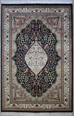 4'6"x7'2" Awesome Floral Pak Persian Rug in Gorgeous Black, Beige & White, New 4.5x7 Wool, Silk Double Knot Creation, Hand-Knotted Kashan / Isfahan Rug, qk09035
