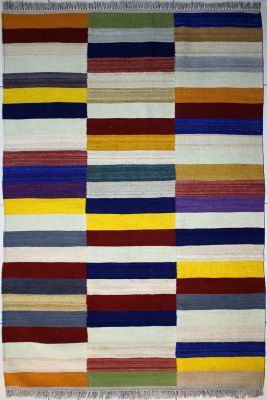 4'2"x6'4" Incredible Striped Gabbeh Rug in Harmonious Organic Dyed Multi-colors, New 4x6 Wool Kilim Gem, Flatweave Contemporary Rug, qw28
