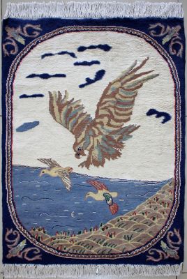 2'x3' Lovely Pictorial Pak Persian Rug in Celestial Ivory, Beige & Blue, New 2x3 Wool, Silk Pinnacle, Hand-Knotted Hunting Scene Rug, qk09071