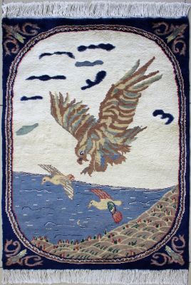 2'x3' Spellbinding Pictorial Pak Persian Rug in Lustrous Ivory, Beige & Blue, New 2x3 Wool, Silk Masterpiece, Hand-Knotted Hunting Scene Rug, qk09072