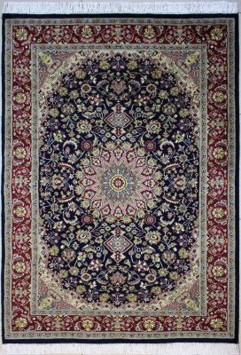 4'x6'4" Brilliant Medallion Pak Persian Rug in Glimmering Blue, Beige & Red, New 4x6 Wool Double Knot Creation, Hand-Knotted Kashan / Isfahan Rug, qk09037