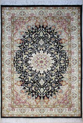 4'x6'2" Divine Medallion Pak Persian Rug in Celestial Black, Beige & White, New 4x6 Wool, Silk Double Knot Magnum Opus, Hand-Knotted Kashan / Isfahan Rug, qk09052