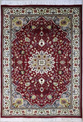 4'x6'1" Serene Medallion Pak Persian Rug in Stunning Red, Beige & White, New 4x6 Wool Double Knot Execution, Hand-Knotted Kashan / Isfahan Rug, qk09036