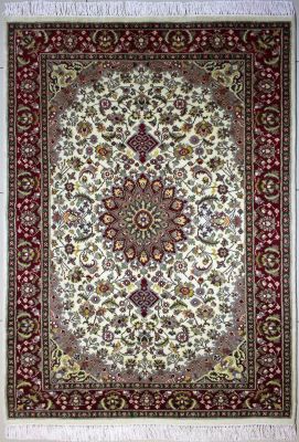 4'1"x6'3" Entrancing Medallion Pak Persian Rug in Hypnotic White, Beige & Red, New 4x6 Wool Double Knot Wonder, Hand-Knotted Kashan / Isfahan Rug, qk09060