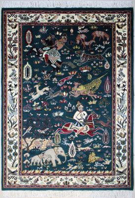 4'x6'1" Dazzling Pictorial Pak Persian Rug in Captivating Green, Beige & White, New 4x6 Wool Double Knot Accomplishment, Hand-Knotted Hunting Scene Rug, qk09064