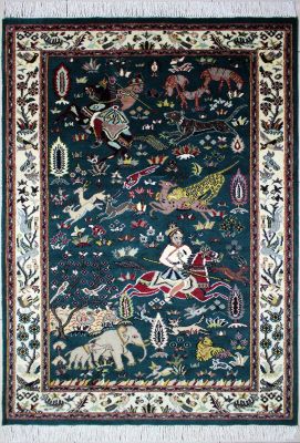 4'x6'2" Palatial Pictorial Pak Persian Rug in Magical Green, Beige & White, New 4x6 Wool Double Knot Accomplishment, Hand-Knotted Hunting Scene Rug, qk09063