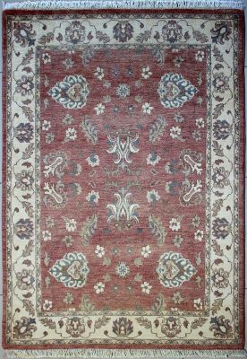 4'x6'2" Soothing Floral Chobi Ziegler Rug in Grilling Organic Dyed Reddish Brown, Beige & White, New 4x6 Wool Double Knot Achievement, Hand-Knotted Rug, qk09050