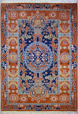 4'1"x6'3" Transfixing Floral Chobi Ziegler Rug in Gentle Organic Dyed Orange, Blue & Grey, New 4x6 Wool Double Knot Conception, Hand-Knotted Contemporary Rug, qk09051