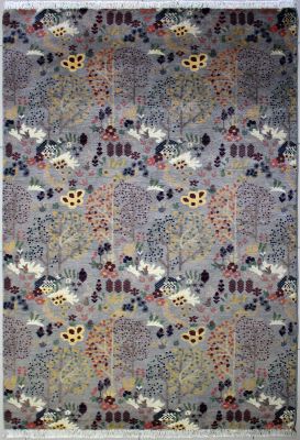 5'1"x8'2" Delightful Floral Chobi Ziegler Rug in Enchanting Organic Dyed Grey, Beige & White, New 5x8 Wool Double Knot Marvel, Hand-Knotted Contemporary Rug, qk09048