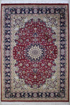 4'11"x8'1" Alluring Medallion Pak Persian Rug in Phenomenal Red, Beige & Blue, New 5x8 Wool, Silk Double Knot Achievement, Hand-Knotted Kashan / Isfahan Rug, qk09059