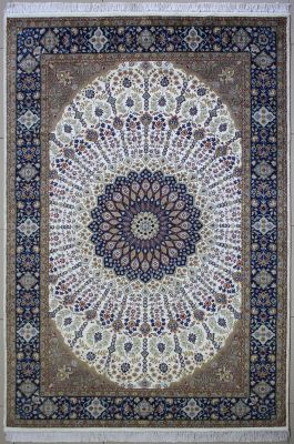 6'1"x9'3" Stunning Floral Pak Persian Rug in Phenomenal Ivory, Beige & Blue, New 6x9 Wool, Silk Double Knot Accomplishment, Hand-Knotted Taj Mahal Rug, qk09056