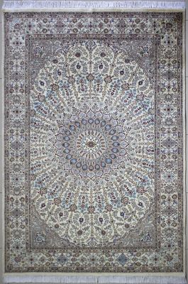 6'1"x9'3" Tranquil Floral Pak Persian Rug in Electrifying White, Beige & Grey, New 6x9 Wool Double Knot Handwork, Hand-Knotted Taj Mahal Rug, qk09053