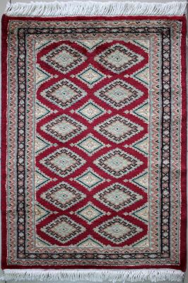 2'0x2'10 Bokhara Jaldar Area Rug with Silk & Wool Pile - Geometric Diamond Design | Hand-Knotted in Red