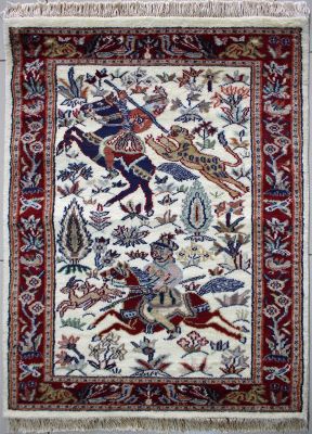 2'7x3'10 Pak Persian High Quality Area Rug with Wool Pile - Pictorial Hunting Shikargah Design | Hand-Knotted in White