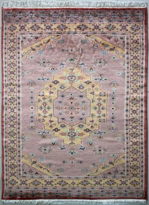 4'1x5'10 Pak Persian Area Rug with Wool Pile - Medallion Geometric Design | Hand-Knotted in Beige