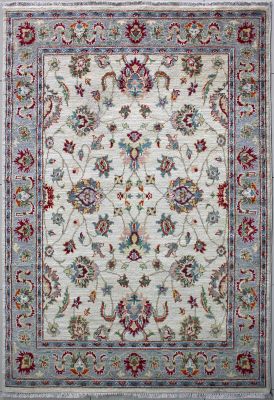 4'8x7'5 Chobi Ziegler Area Rug made using Vegetable dyes with Wool Pile - Floral Design | Hand-Knotted in White