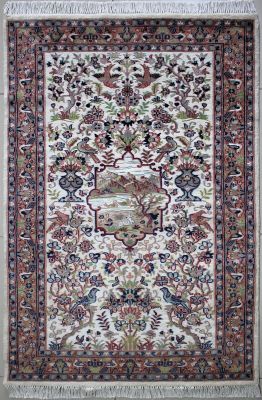 3'1"x5'1" Grand Pictorial Pak Persian Rug in Uplifting Ivory, Grey & Reddish Brown, New 3x5 Wool, Silk Elegance, Hand-Knotted Hunting Scene Rug, qk09100