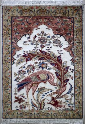 3'1"x4'9" Serene Pictorial Pak Persian Rug in Sparkling Ivory, Beige & Reddish Brown, New 3x5 Wool, Silk Pinnacle, Hand-Knotted Hunting Scene Rug, qk09101