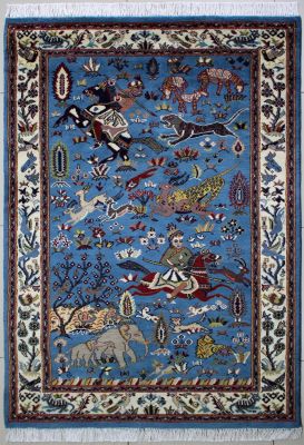 4'1"x6'1" Captivating Pictorial Pak Persian Rug in Harmonizing Turquoise, Beige & White, New 4x6 Wool Double Knot Workmanship, Hand-Knotted Hunting Scene Rug, qk09125