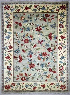 6'6"x9'5" Awesome Floral Chobi Ziegler Rug in Whimsical Organic Dyed Grey, Red & White, New 6.5x10 Wool Double Knot Wonder, Hand-Knotted Contemporary Rug, qk09110