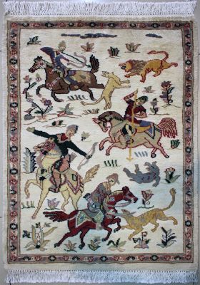 2'1"x3' Exhilarating Pictorial Pak Persian Rug in Exquisite Ivory, Gold & Reddish Brown, New 2x3 Wool, Silk Beauty, Hand-Knotted Hunting Scene Rug, qk09098
