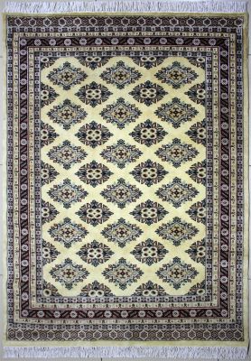 4'2"x6'1" Glorious Diamond Bokhara Jaldar Rug in Ethereal White, Grey & Red, New 4x6 Wool, Silk Artwork, Hand-Knotted Rug, qk09102