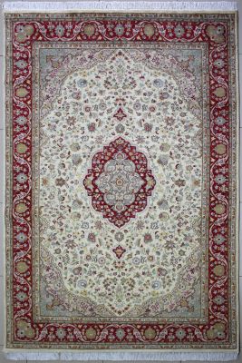 6'x9'3" Melodic Floral Pak Persian Rug in Mesmerizing White, Beige & Red, New 6x9 Wool, Silk Double Knot Magnum Opus, Hand-Knotted Kashan / Isfahan Rug, qk09086