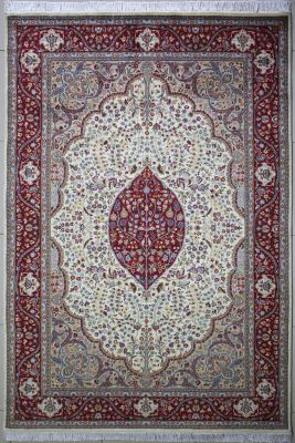 6'1"x9'3" Sumptuous Floral Pak Persian Rug in Electrifying White, Beige & Red, New 6x9 Wool, Silk Double Knot Artwork, Hand-Knotted Kashan / Isfahan Rug, qk09084