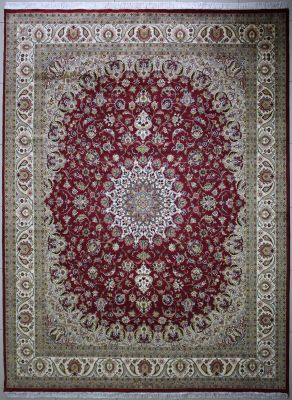 9'2"x12'4" Transfixing Floral Pak Persian Rug in Lustrous Red, Beige & White, New 9x12 Wool Double Knot Workmanship, Hand-Knotted Kashan / Isfahan Rug, qk09128