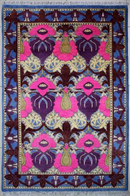 4'1"x6'3" Heavenly Geometric Chobi Ziegler Rug in Sensational Organic Dyed Turquoise, Maroon & Pink, New 4x6 Wool Double Knot Artistry, Hand-Knotted Contemporary Rug, qk09077