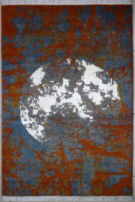 3'11"x6' Blissful Pictorial Chobi Ziegler Rug in Transcendent Organic Dyed Orange, Ivory & Turquoise, New 4x6 Wool, Silk Double Knot Artistry, Hand-Knotted Contemporary Rug, qk09075