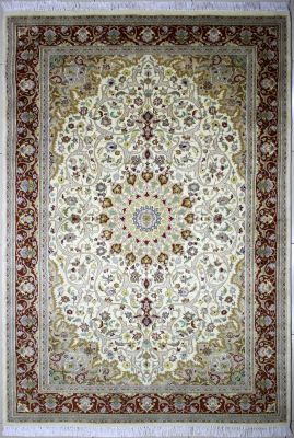 5'11"x9'1" Divine Floral Pak Persian Rug in Exhilarating White, Beige & Red, New 6x9 Wool, Silk Double Knot Masterwork, Hand-Knotted Kashan / Isfahan Rug, qk09114