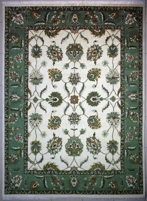 9'1"x12'4" Tranquil Floral Chobi Ziegler Rug in Uplifting Organic Dyed White, Beige & Green, New 9x12 Wool Double Knot Masterpiece, Hand-Knotted Rug, qk09082