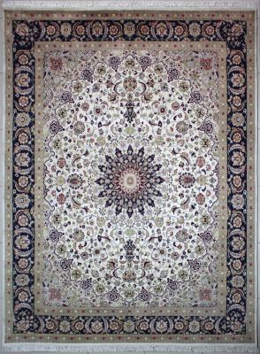 8'10"x11'11" Pizazzy Floral Pak Persian Rug in Spellbinding White, Beige & Blue, New 9x12 Wool Double Knot Perfection, Hand-Knotted Kashan / Isfahan Rug, qk09092