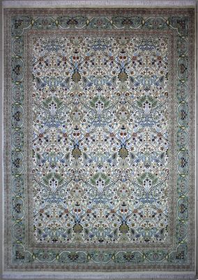 9'10"x14'2" Ecstatic Floral Pak Persian Rug in Electrifying White, Beige & Green, New 10x14 Wool, Silk Double Knot Wonder, Hand-Knotted Bakhtiari Rug, qk09115
