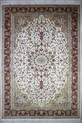 5'11"x9'2" Electrifying Floral Pak Persian Rug in Gorgeous White, Beige & Red, New 6x9 Wool, Silk Double Knot Magnificence, Hand-Knotted Kashan / Isfahan Rug, qk09088