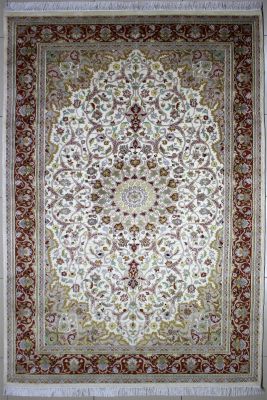 5'10"x9'3" Fascinating Floral Pak Persian Rug in Serene White, Beige & Red, New 6x9 Wool, Silk Double Knot Magnum Opus, Hand-Knotted Kashan / Isfahan Rug, qk09087