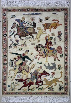 2'1"x2'11" Elegant Pictorial Pak Persian Rug in Resplendent Ivory, Beige & Reddish Brown, New 2x3 Wool, Silk Execution, Hand-Knotted Hunting Scene Rug, qk09099
