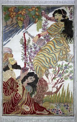 3'1"x5' Astonishing Pictorial Pak Persian Rug in Radiant Ivory, Beige & Red, New 3x5 Wool, Silk Treasure, Hand-Knotted Umar-e-Khayyam Rug, qk09080