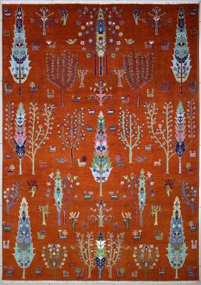 6'x9' Formidable Floral Chobi Ziegler Rug in Passionate Organic Dyed Orange, Green & Turquoise, New 6x9 Wool Double Knot Opus, Hand-Knotted Contemporary Rug, qk09085