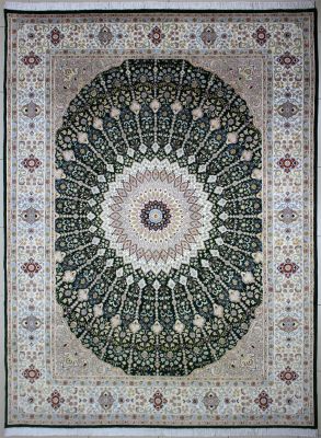 8'9"x12'5" Royal Floral Pak Persian Rug in Enlivening Green, Beige & White, New 9x12 Wool, Silk Double Knot Artistry, Hand-Knotted Taj Mahal Rug, qk09083