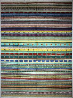 9'11"x14'2" Euphoric Striped Gabbeh Rug in Elegant Organic Dyed Multi-colors, New 10x14 Wool Double Knot Masterwork, Hand-Knotted Contemporary Rug, qk09096