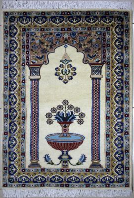2'6"x4'3" Uplifting Floral Pak Persian Rug in Passionate White, Beige & Gold, New 2.5x4 Wool Double Knot Workmanship, Hand-Knotted Prayer Rug, qk09137