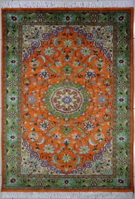 3'x5'4" Imposing Floral Pak Persian Rug in Lustrous Orange, Beige & Green, New 3x5 Wool, Silk Double Knot Excellence, Hand-Knotted Kashan / Isfahan Rug, qk09136