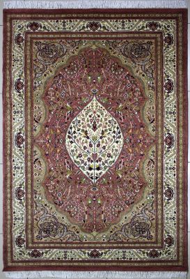 4'7"x7'6" Ravishing Floral Pak Persian Rug in Picturesque Reddish Brown, Beige & White, New 4.5x7 Wool Double Knot Handwork, Hand-Knotted Kashan / Isfahan Rug, qk09143