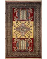 4'10x7'8 Caucasian Design Area Rug with Wool Pile - Geometric Design | Hand-Knotted in Red