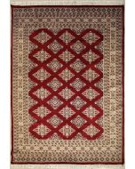 5'1x7'3 Bokhara Jaldar Area Rug with Silk & Wool Pile - Geometric Diamond Design | Hand-Knotted in Red